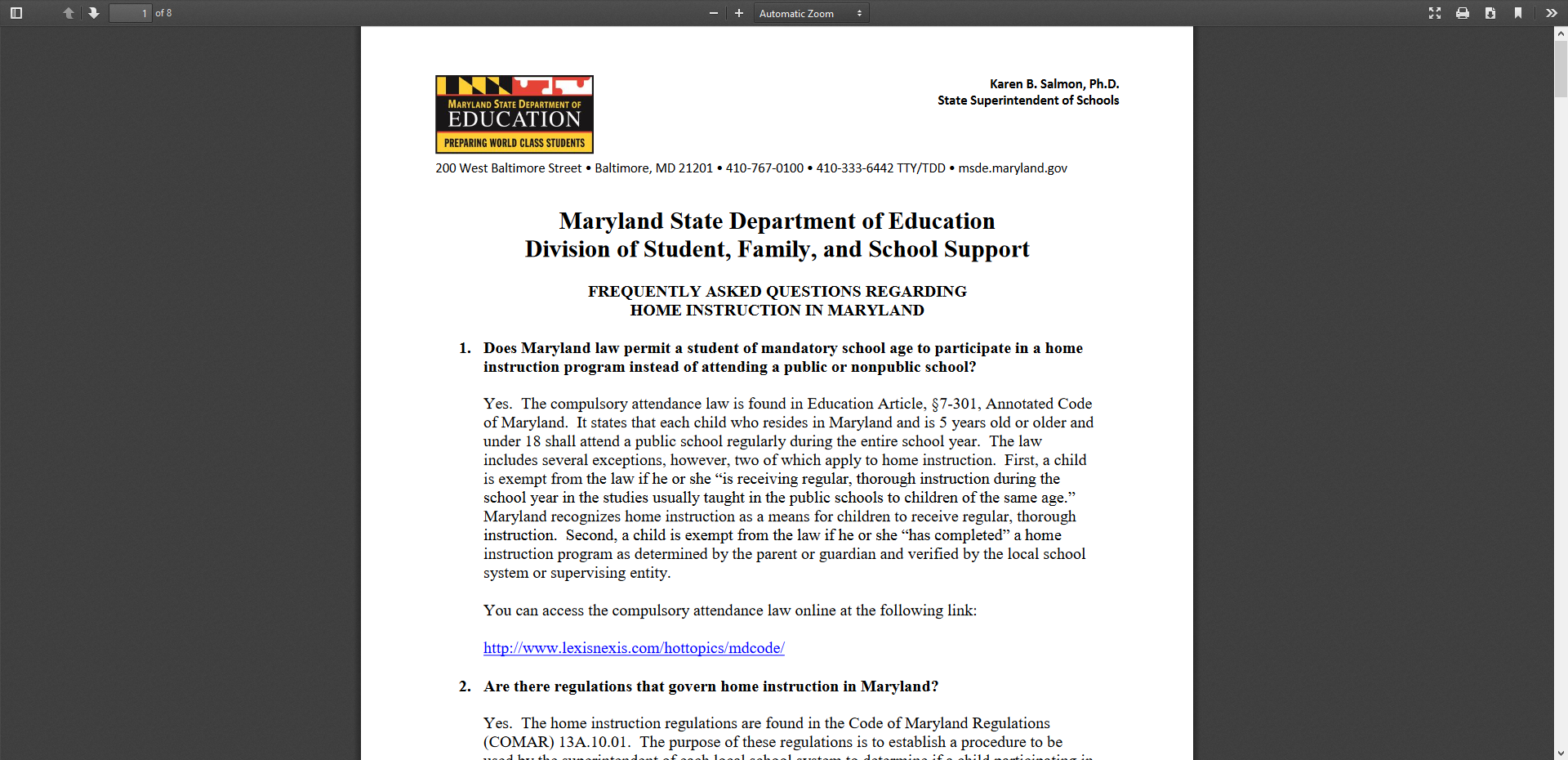 Maryland Homeschool Fact Sheet